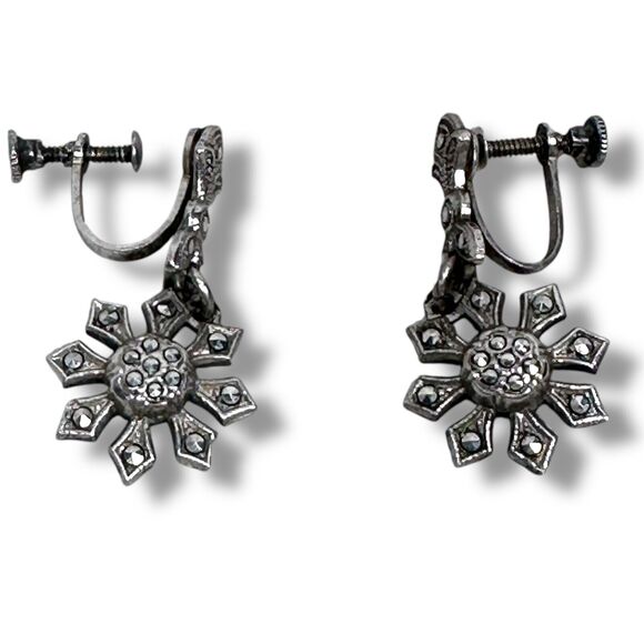 Vintage Sterling Silver Sunburst Drop Dangle Earrings Screw Back for Non-Pierced - Picture 1 of 6